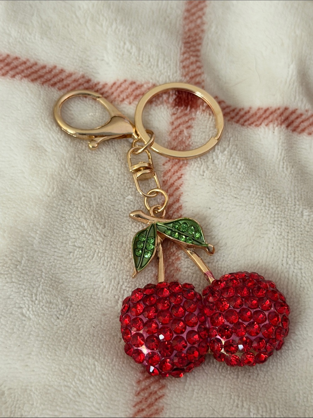 Gold Cherry Crystal Keychain - Red and Green